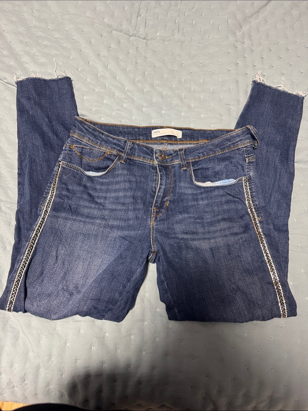 Zara Navy Straight-Leg Jeans with Side Braid Detail
